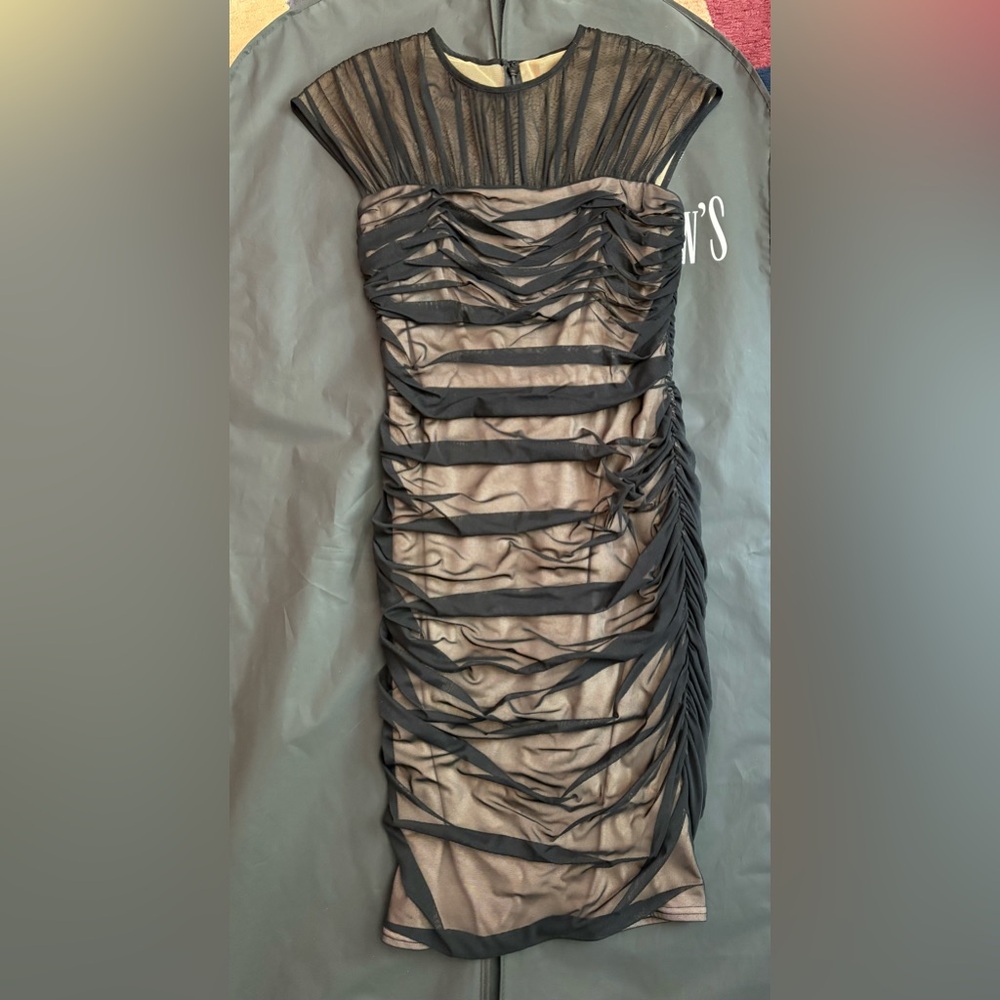 Tadashi Shoji Ruched Black and Nude Mini Cocktail Dress